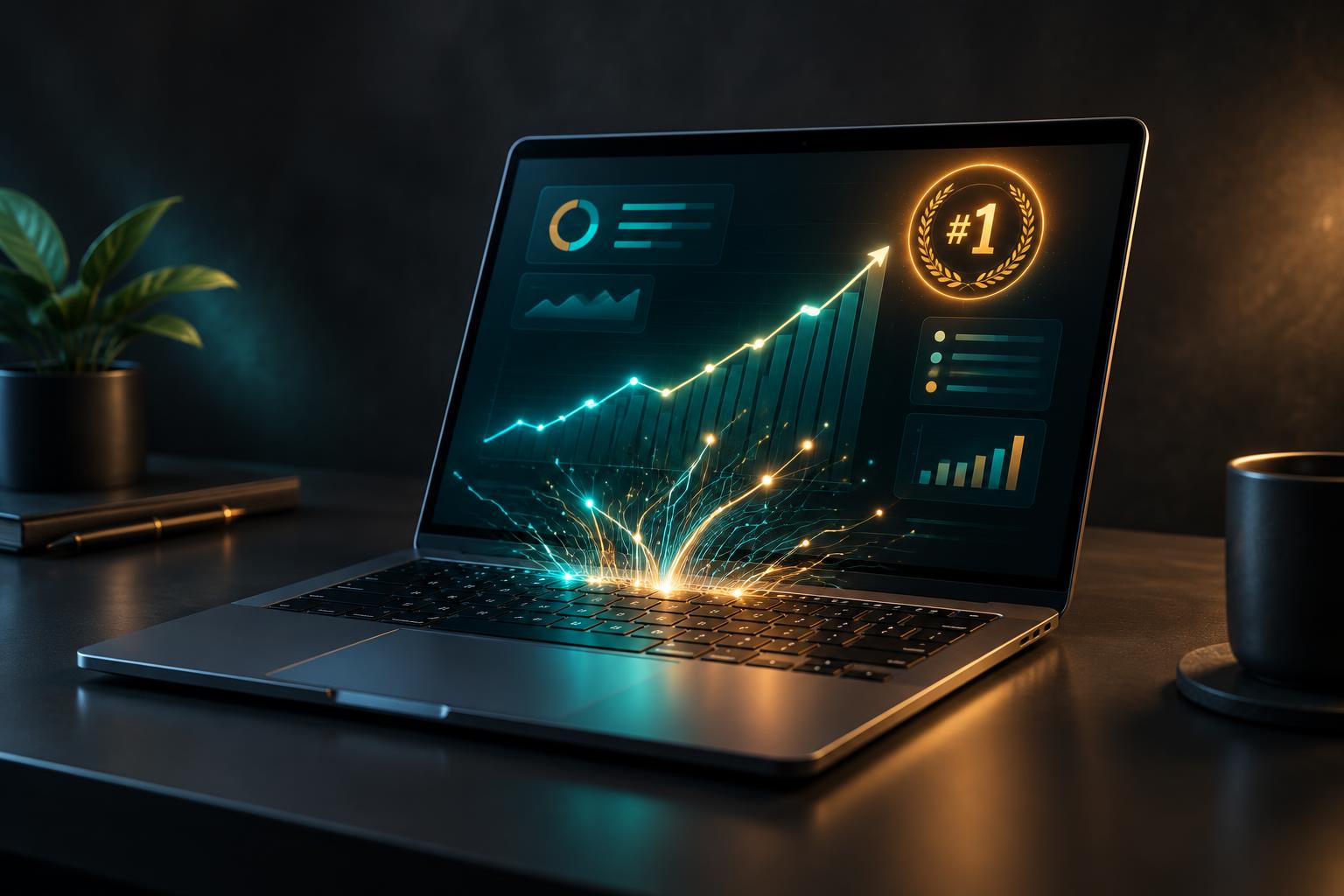 Dark space-grey laptop on a minimalist desk with a glowing analytics dashboard showing a rising chart and a number-one rank badge, teal and ember-gold rim lighting on a charcoal studio backdrop