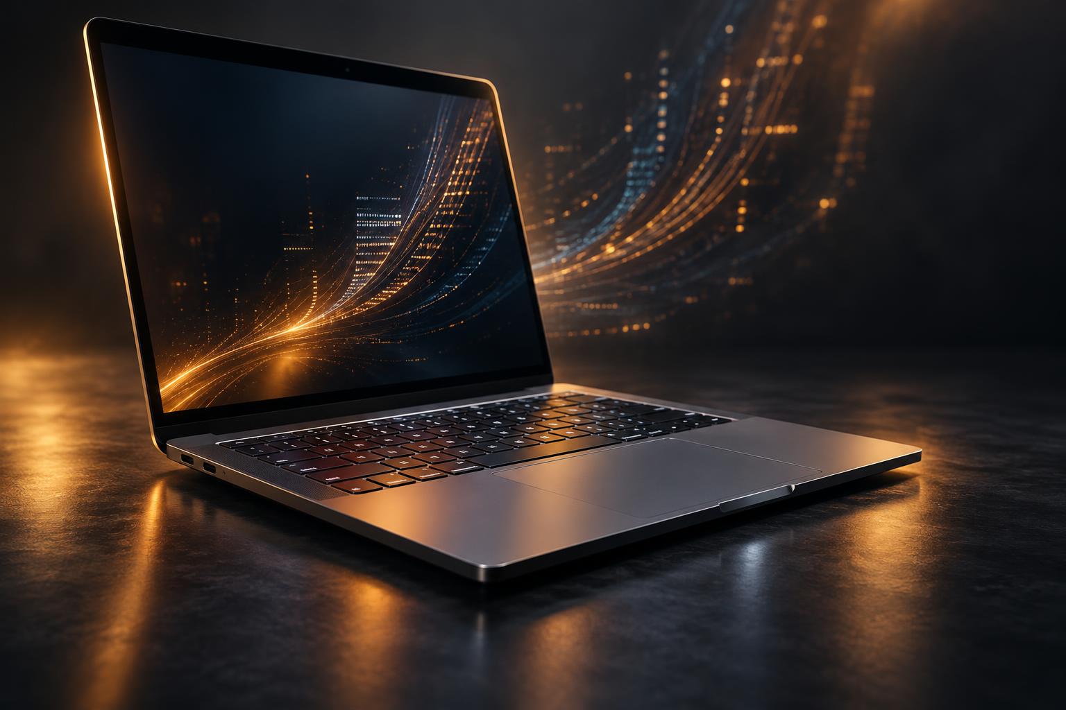 Two premium developer laptops side by side on a dark charcoal backdrop, one lit with ember-gold rim light, with abstract data streaks rising from their keyboards