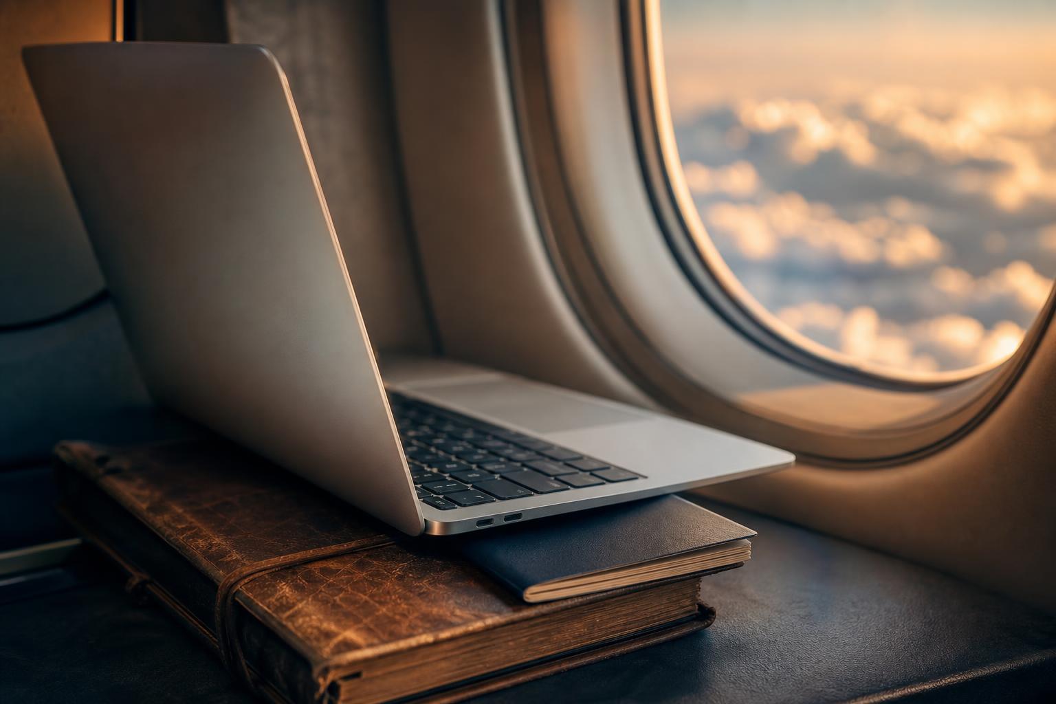Ultra-light silver laptop in dramatic side profile with emerald rim lighting on a midnight-indigo studio backdrop, light-wave particles flowing across the chassis
