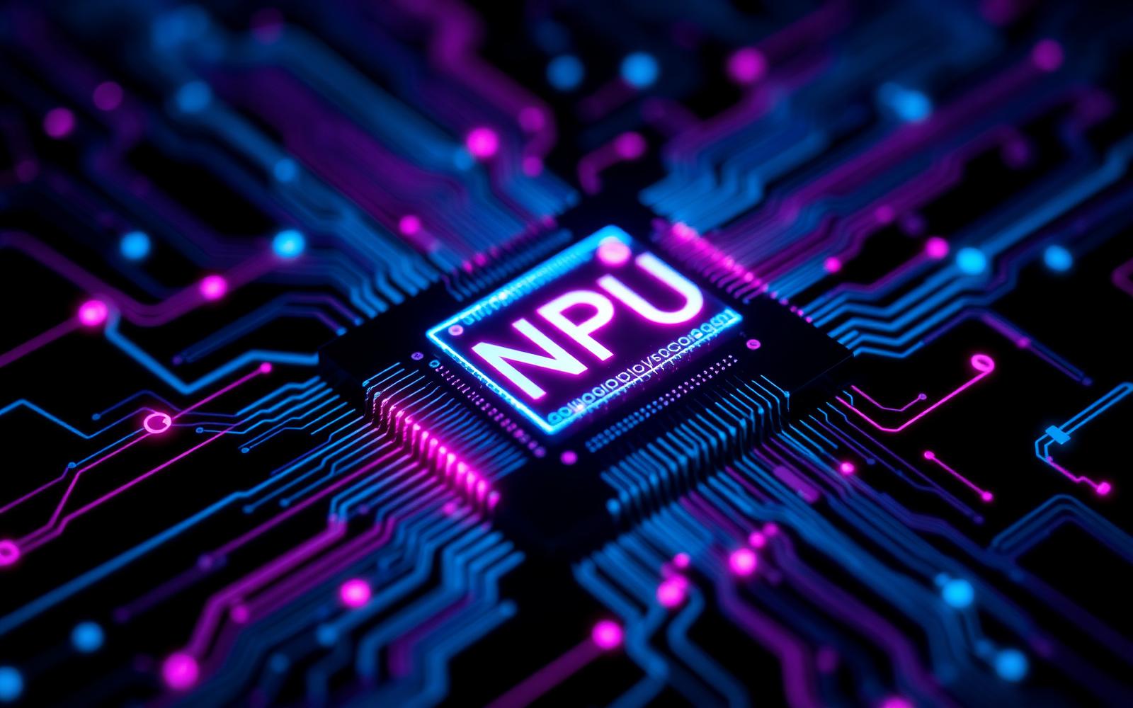 Macro shot of an NPU chip with neural network overlay
