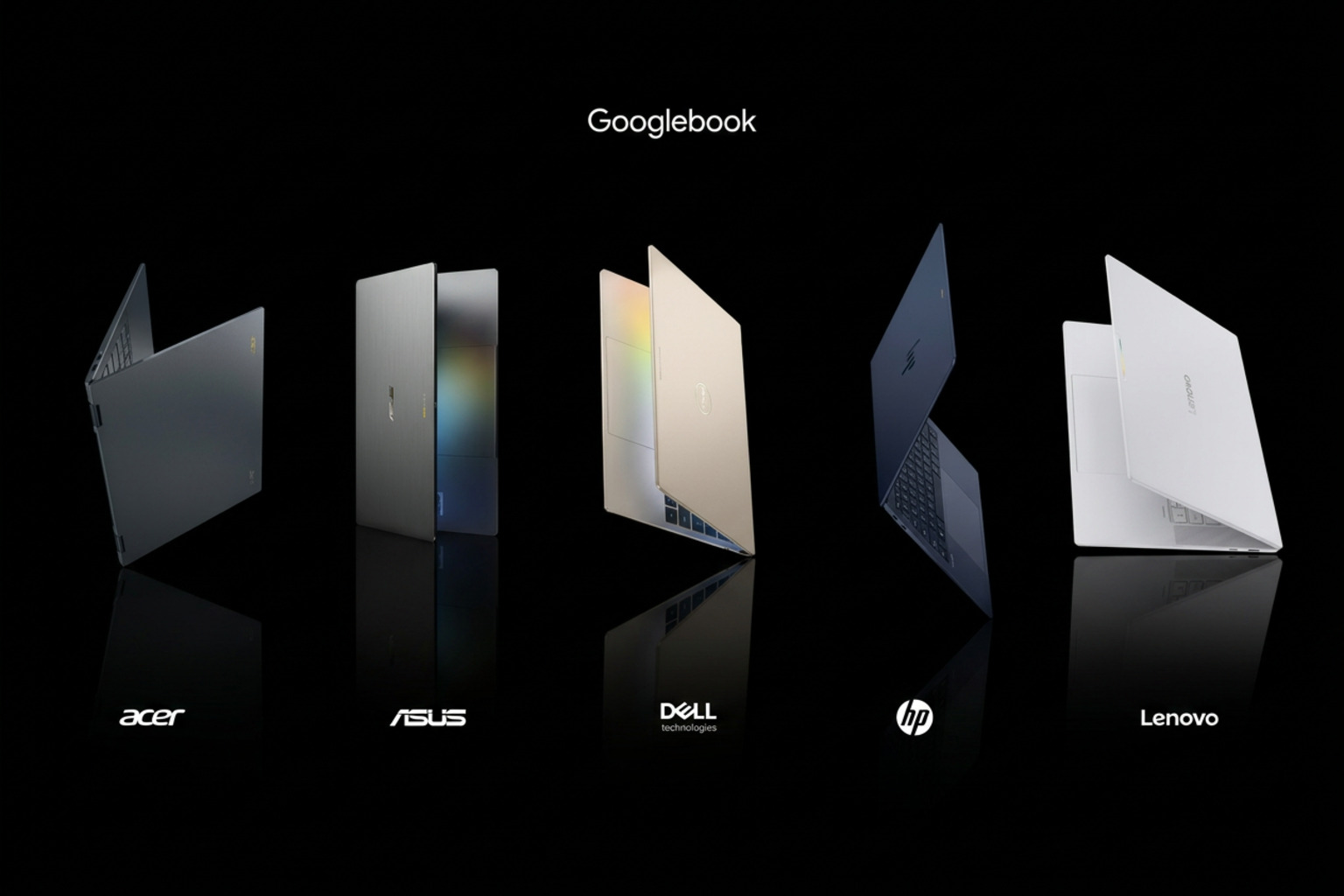 Five Googlebook laptops from Acer, ASUS, Dell, HP and Lenovo arranged in a row on a black studio backdrop beneath the Googlebook wordmark