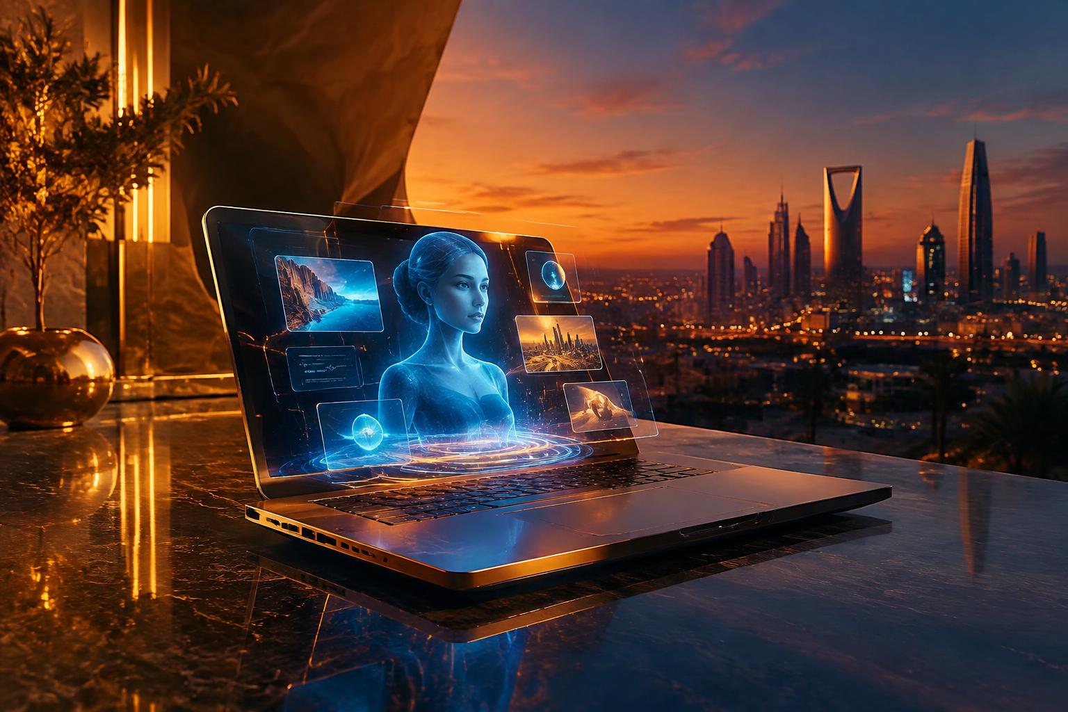Futuristic premium laptop with a holographic AI assistant interface above the keyboard against a city skyline at dusk