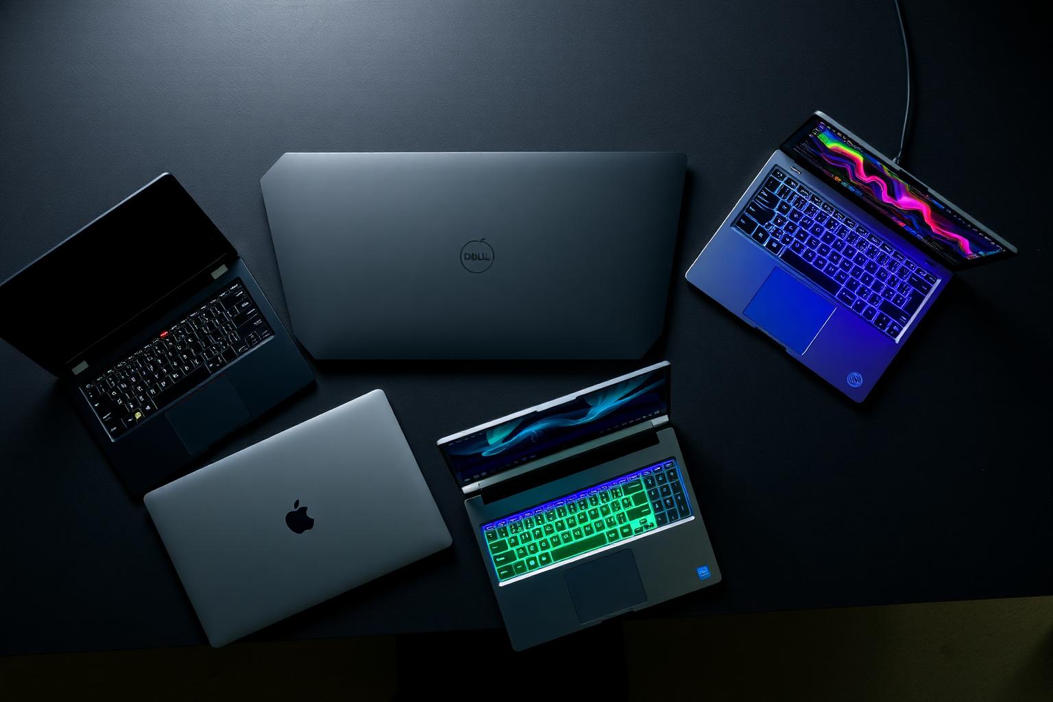 Premium 2026 laptop lineup — ThinkPad, MacBook Pro, Dell XPS and a gaming RGB laptop side-by-side