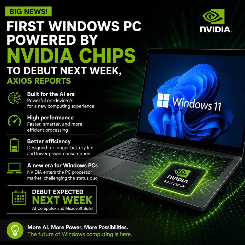 Axios-style news graphic: "First Windows PC powered by NVIDIA chips to debut next week" with key talking points โ built for the AI era, high performance, better efficiency and a new era for Windows PCs