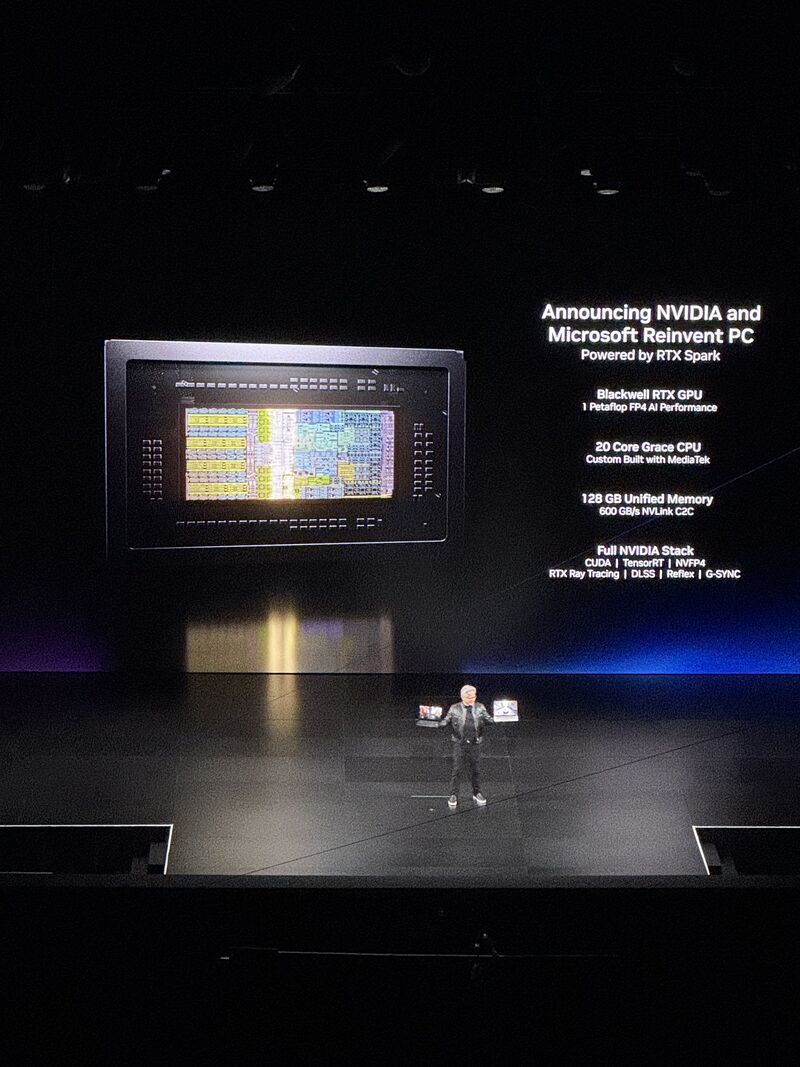 NVIDIA RTX Spark die shot with full spec list: Blackwell RTX GPU at 1 PFLOP FP4, 20-core Grace CPU custom-built with MediaTek, 128 GB unified memory at 600 GB/s NVLink C2C, full NVIDIA stack with CUDA, TensorRT, NVFP4, RTX Ray Tracing, DLSS, Reflex and G-SYNC