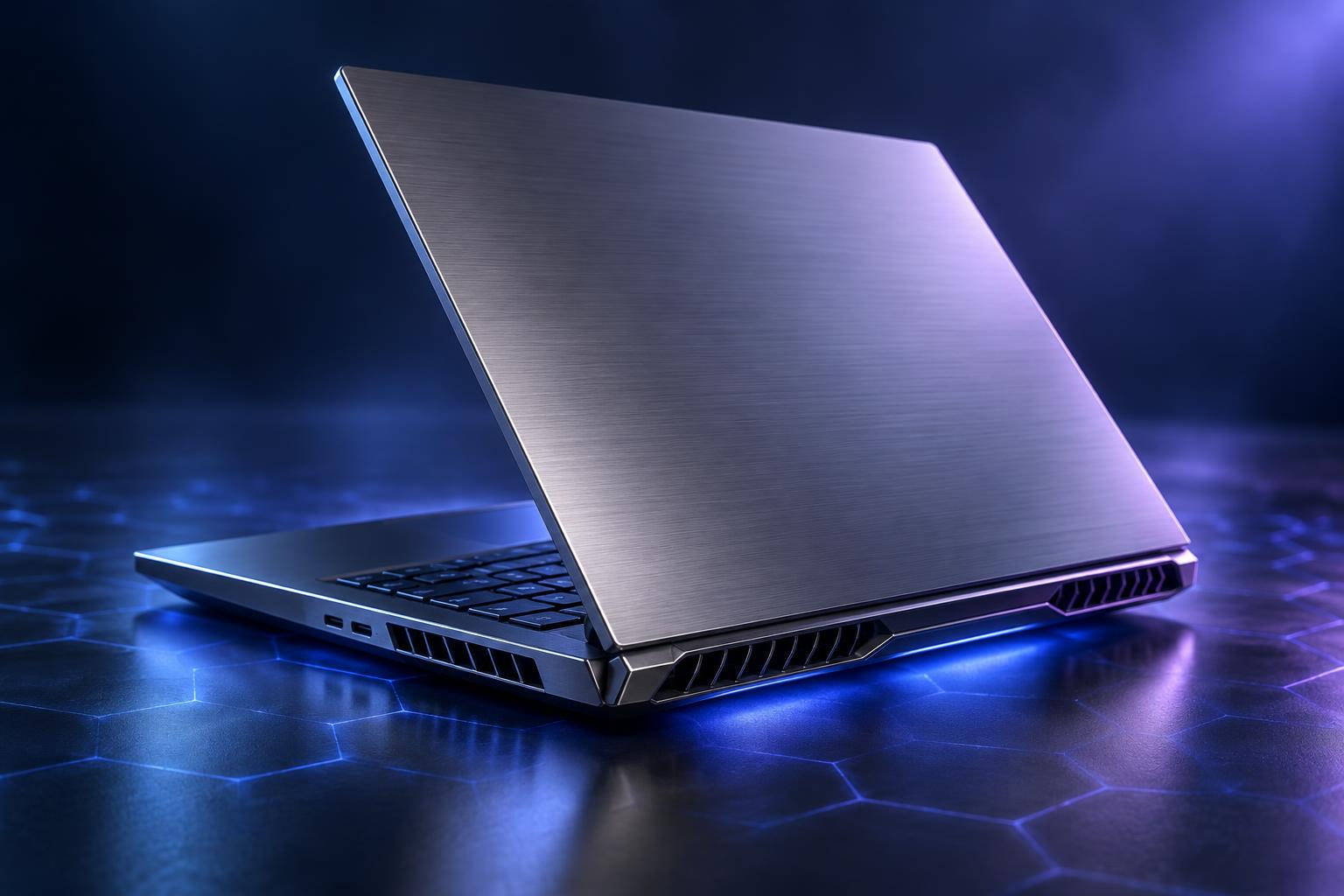 Brushed-silver high-performance laptop with precision rear cooling vents, indigo and lavender rim lighting on a deep navy studio backdrop with hexagonal chip-lattice floor pattern