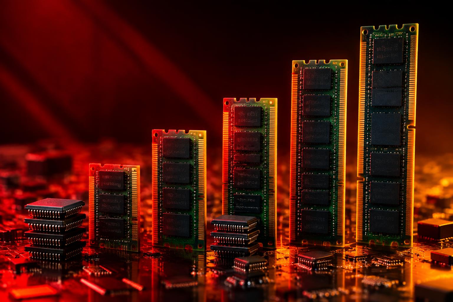 Memory modules arranged like rising bars on a dark circuit board under dramatic red lighting